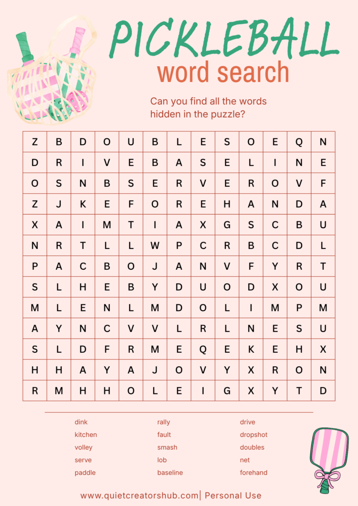 pickleball word search for adults